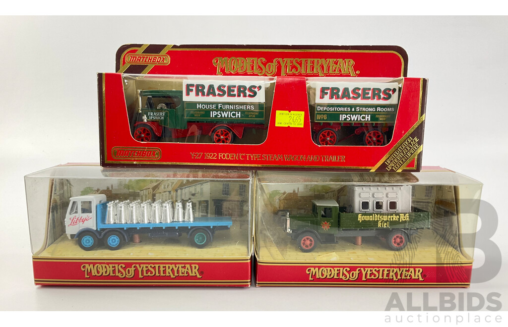 Matchbox Diecast Models of Yesteryear Commercial Vehicles Including 1922 Foden C Type Steam Wagon and Trailer, 1932 Mercedes Benz L5, 1939 Albion Ten Ton CX27