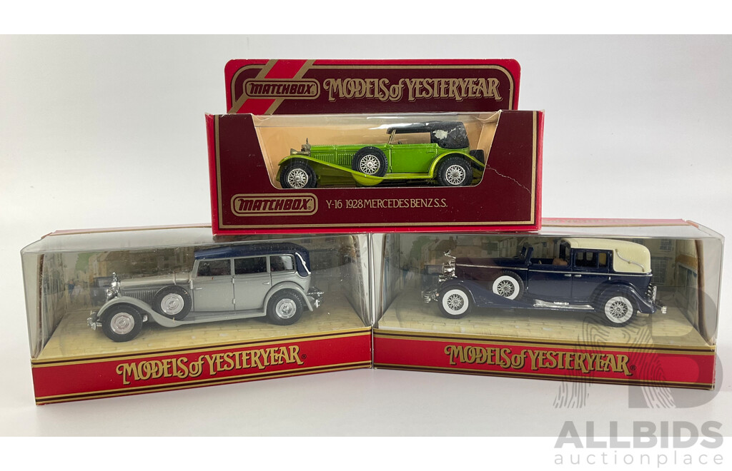 Three Vintage Matchbox Models of Yesteryear Including 1933 Cadillac V16, 1931 Mercedes 770, 1928 Mercedes Benz S.S