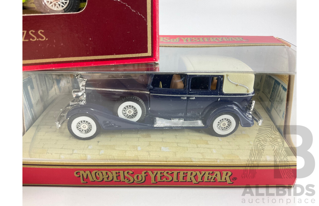 Three Vintage Matchbox Models of Yesteryear Including 1933 Cadillac V16, 1931 Mercedes 770, 1928 Mercedes Benz S.S