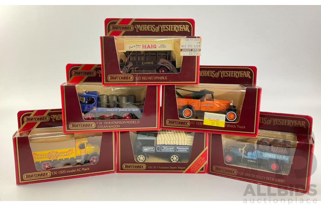 Vintage Matchbox Models of Yesteryear Commercial Vehicles Including 1930 Ford Model 'A' Wreck Truck, 1918 Atkinson, 1920 AC Mack, 1918 Crossley, 1922 AEC Omnibus, 1917 Orkshire Dampflastwagen