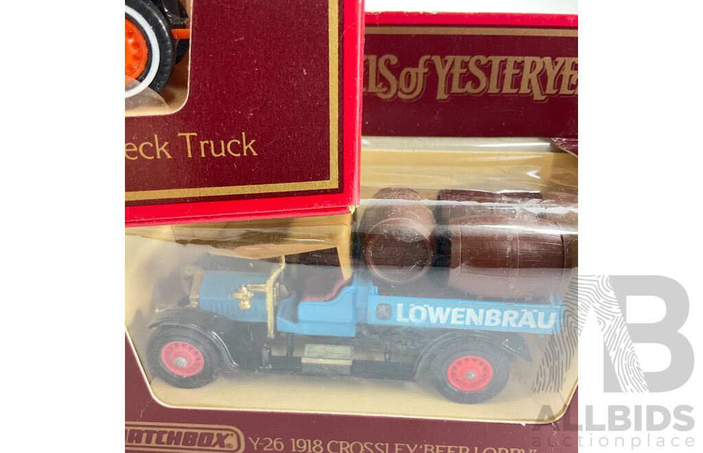 Vintage Matchbox Models of Yesteryear Commercial Vehicles Including 1930 Ford Model 'A' Wreck Truck, 1918 Atkinson, 1920 AC Mack, 1918 Crossley, 1922 AEC Omnibus, 1917 Orkshire Dampflastwagen