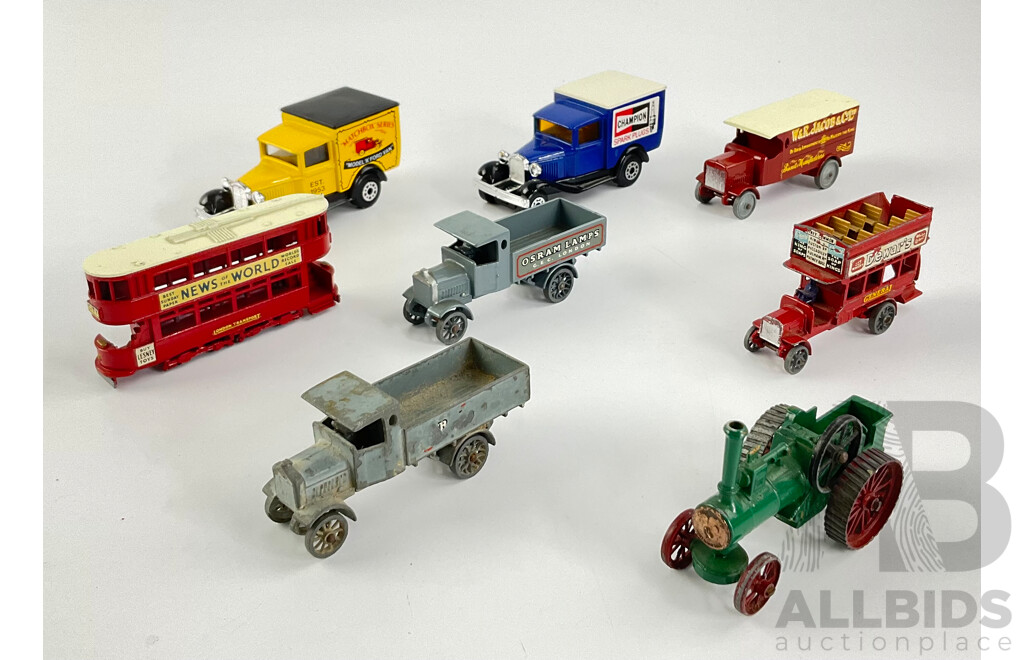 Collection of Diecast Matchbox Models of Yesteryear Trucks, Buses and Tractor Including Leyland, AEC, Ford Model 'A' and More