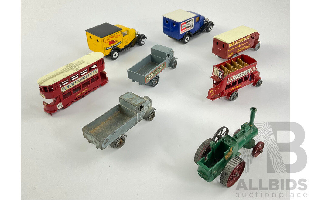 Collection of Diecast Matchbox Models of Yesteryear Trucks, Buses and Tractor Including Leyland, AEC, Ford Model 'A' and More