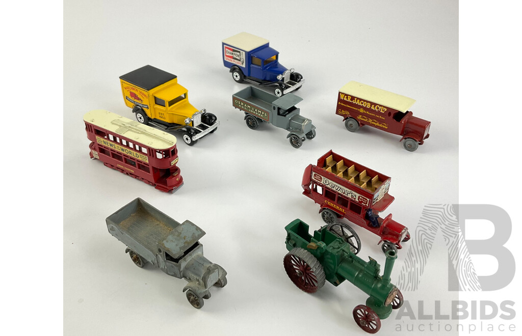 Collection of Diecast Matchbox Models of Yesteryear Trucks, Buses and Tractor Including Leyland, AEC, Ford Model 'A' and More