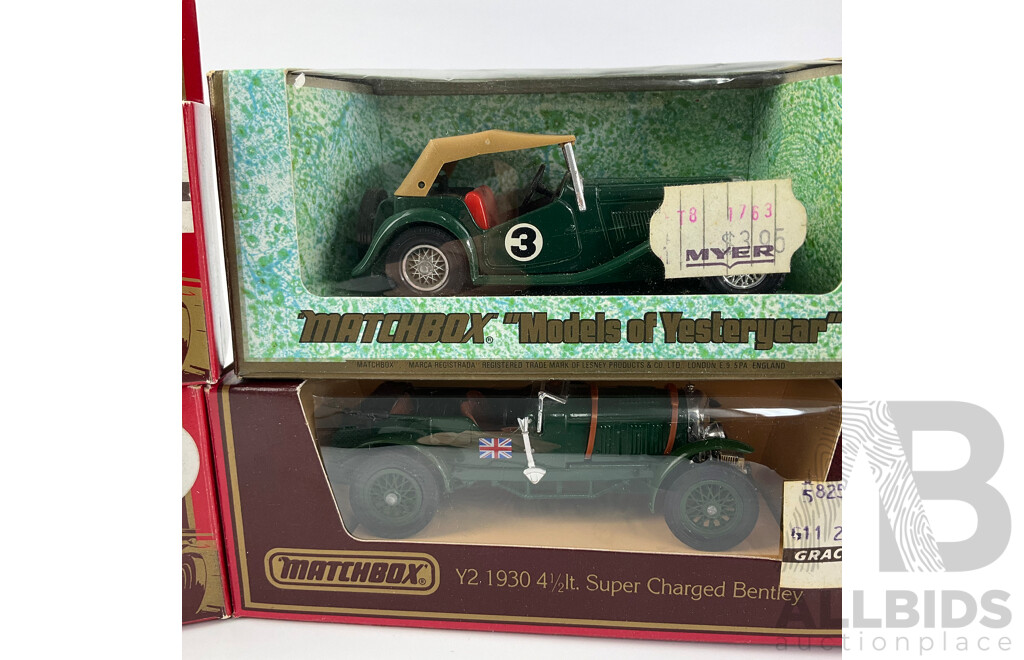 Four Vintage Diecast Matchbox Models of Yesteryear Including 1930 4 1/2 Bentley, 1957 Masserati 250 F, 1935 E.R.A R.1.B, 1945 MGTC