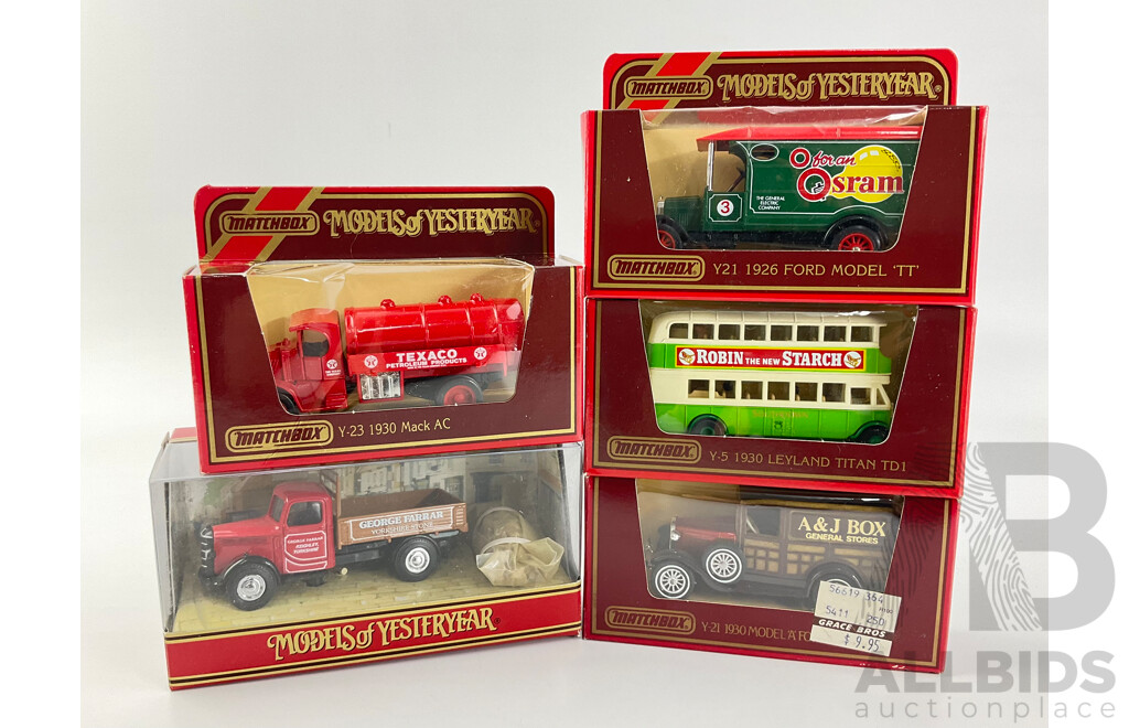 Five Vintage Diecast Matchbox Models of Yesteryear Trucks and Bus Including 1930 Leyland Titan, 1926 Ford Model T, 1930 Mack AC, 1930 Ford Model 'A' 1939 Bedford K.D Truck