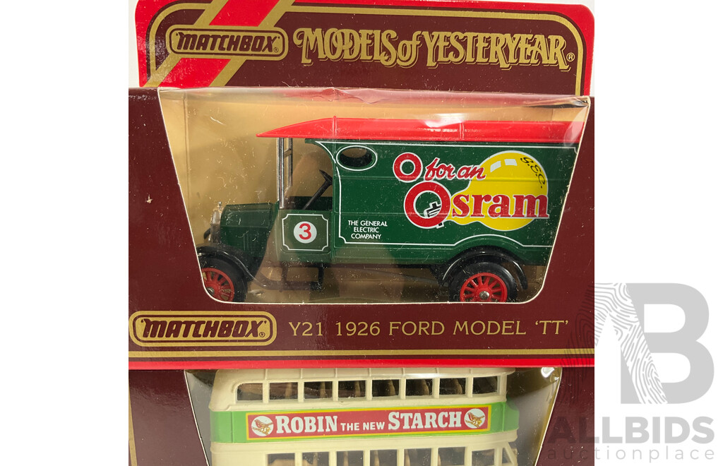 Five Vintage Diecast Matchbox Models of Yesteryear Trucks and Bus Including 1930 Leyland Titan, 1926 Ford Model T, 1930 Mack AC, 1930 Ford Model 'A' 1939 Bedford K.D Truck