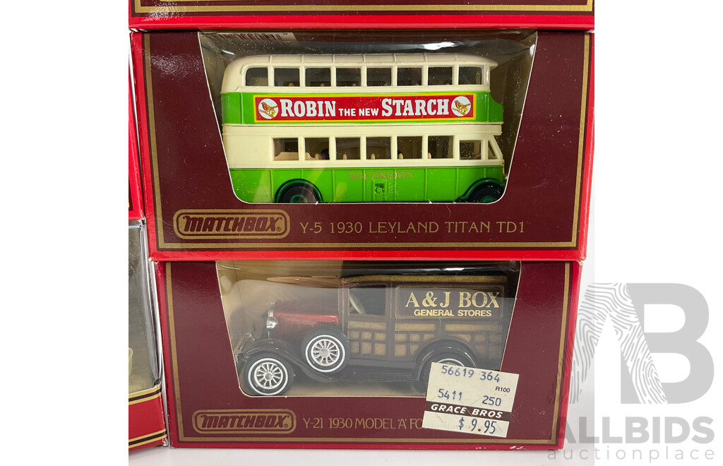 Five Vintage Diecast Matchbox Models of Yesteryear Trucks and Bus Including 1930 Leyland Titan, 1926 Ford Model T, 1930 Mack AC, 1930 Ford Model 'A' 1939 Bedford K.D Truck