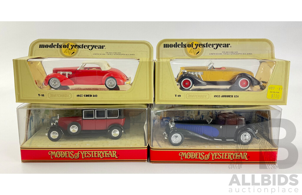 Four Vintage Diecast Matchbox Models of Yesteryear Classic Cars Including 1930 Bugatti Royale, Rolls Royce Phantom, 1935 Auburn, 1937 Cord 812