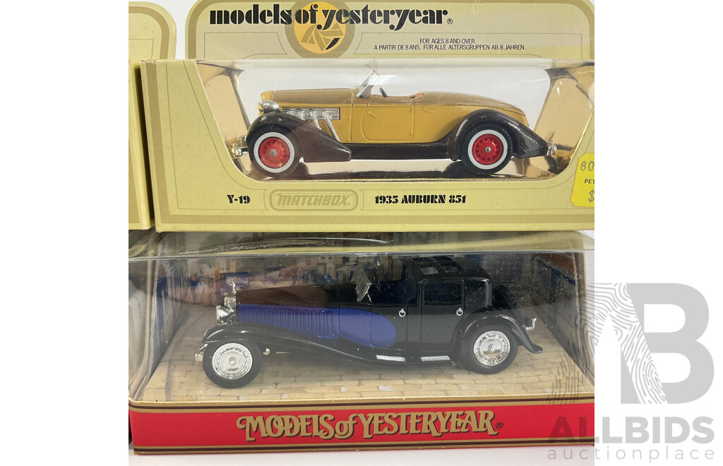 Four Vintage Diecast Matchbox Models of Yesteryear Classic Cars Including 1930 Bugatti Royale, Rolls Royce Phantom, 1935 Auburn, 1937 Cord 812