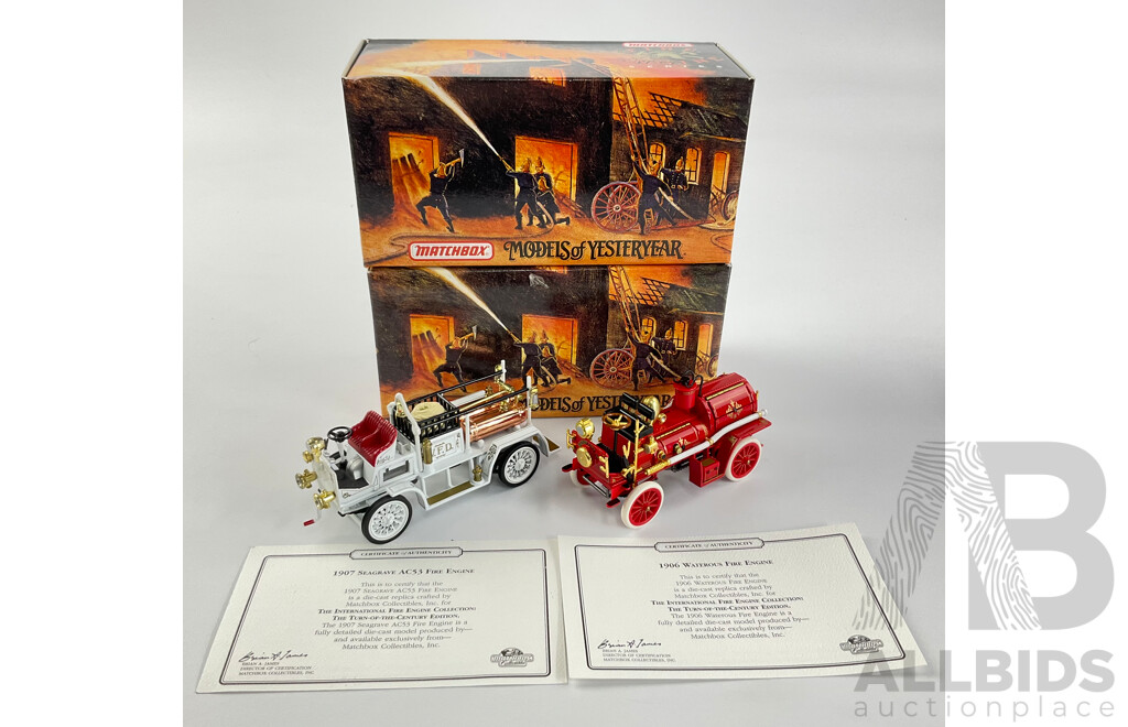 Vintage Matchbox Diecast Fire Engine Series, 1906 Waterous and 1907 Seagrave AC53