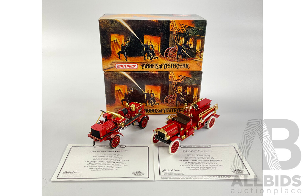 Vintage Matchbox Diecast Fire Engine Series Including 1911 Mack and 1904 Merryweather