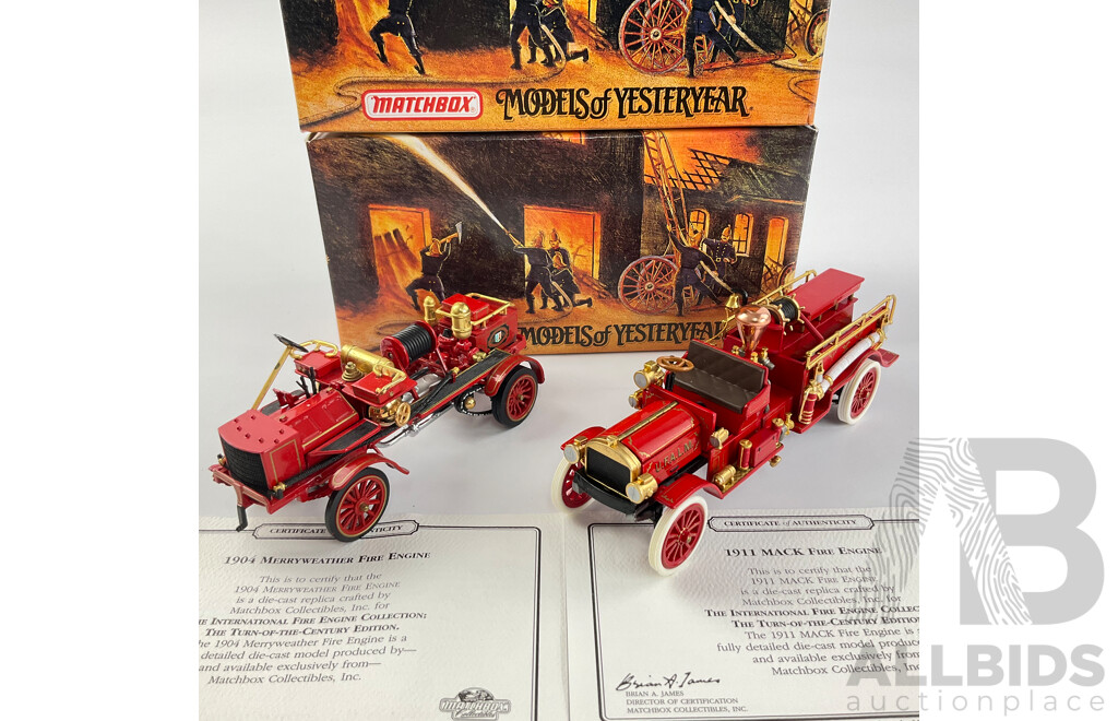 Vintage Matchbox Diecast Fire Engine Series Including 1911 Mack and 1904 Merryweather