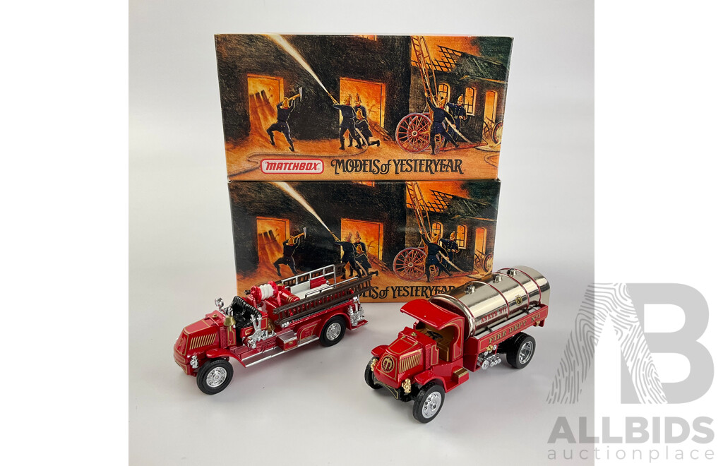 Vintage Matchbox Diecast Fire Engine Series Including 1923 Mack AC Water Tanker and 1920 Mack AC