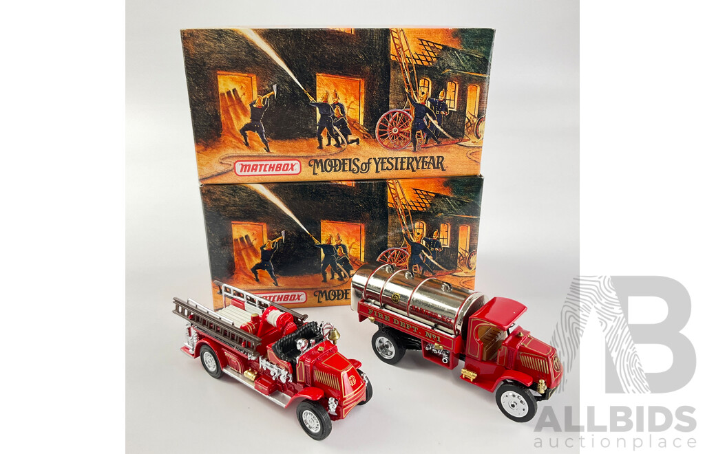 Vintage Matchbox Diecast Fire Engine Series Including 1923 Mack AC Water Tanker and 1920 Mack AC