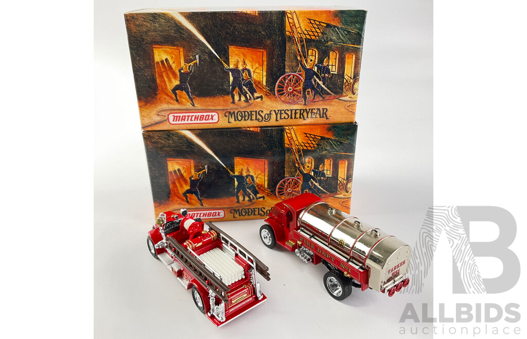 Vintage Matchbox Diecast Fire Engine Series Including 1923 Mack AC Water Tanker and 1920 Mack AC