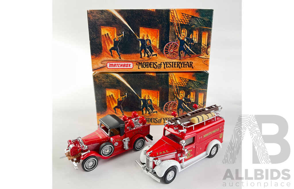 Vintage Matchbox Diecast Fire Engine Series Including 1937 GMC Rescue Squad Van and 1930 Ford Model 'A' Battalion Vehicle