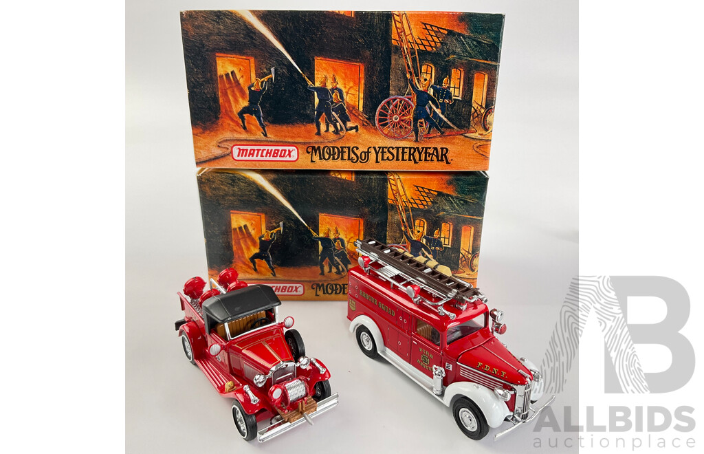 Vintage Matchbox Diecast Fire Engine Series Including 1937 GMC Rescue Squad Van and 1930 Ford Model 'A' Battalion Vehicle