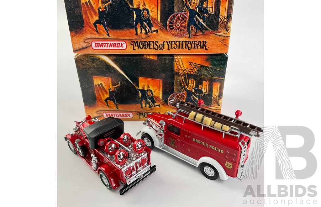 Vintage Matchbox Diecast Fire Engine Series Including 1937 GMC Rescue Squad Van and 1930 Ford Model 'A' Battalion Vehicle