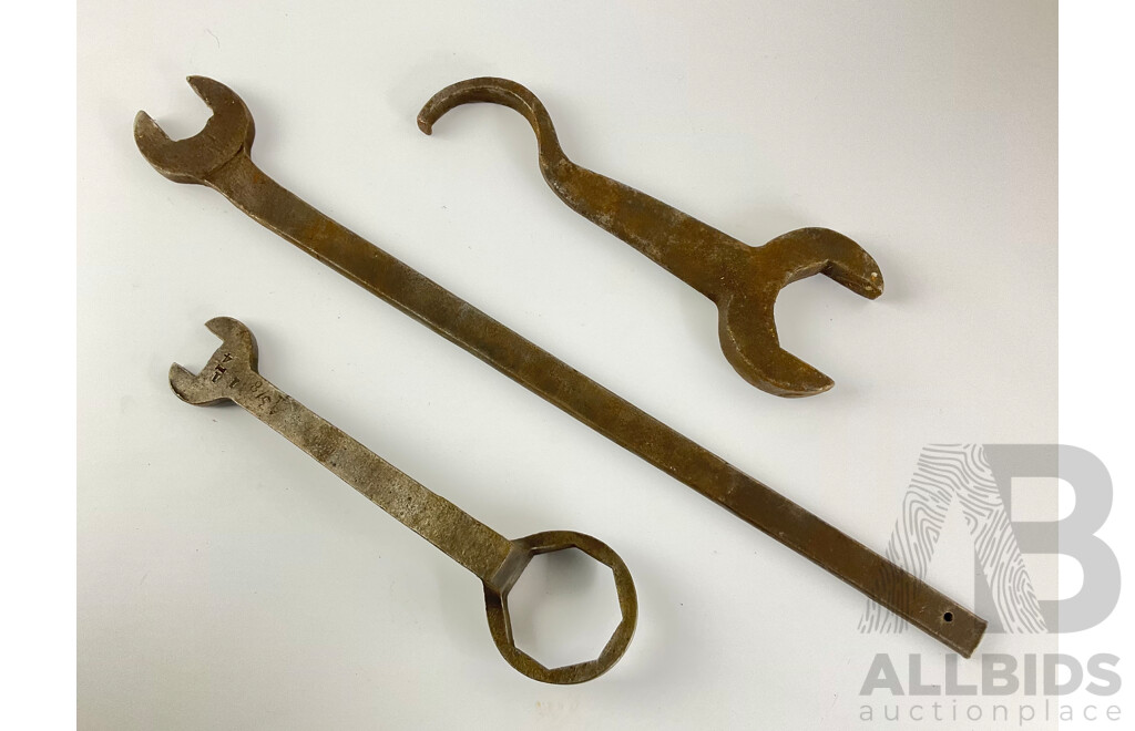 Three Vintage Spanners, Ring, Open End and 'C' Hook, Imperial/Whitworth