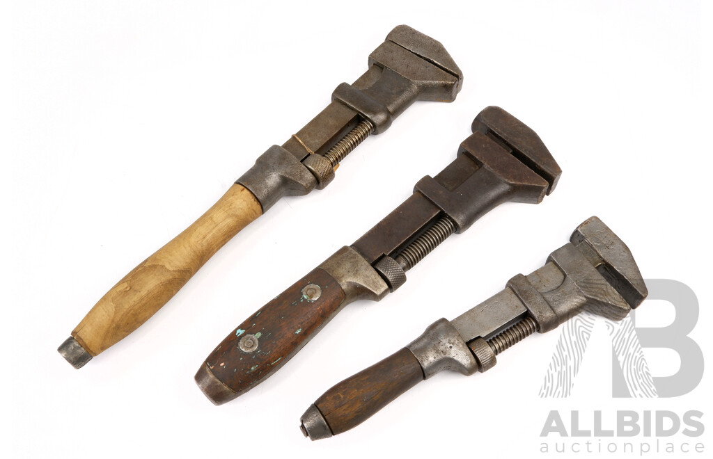 Vintage Adjustable Wrenches with Timber Handles Including Stronghold P.S & W.C.C, All Made in USA