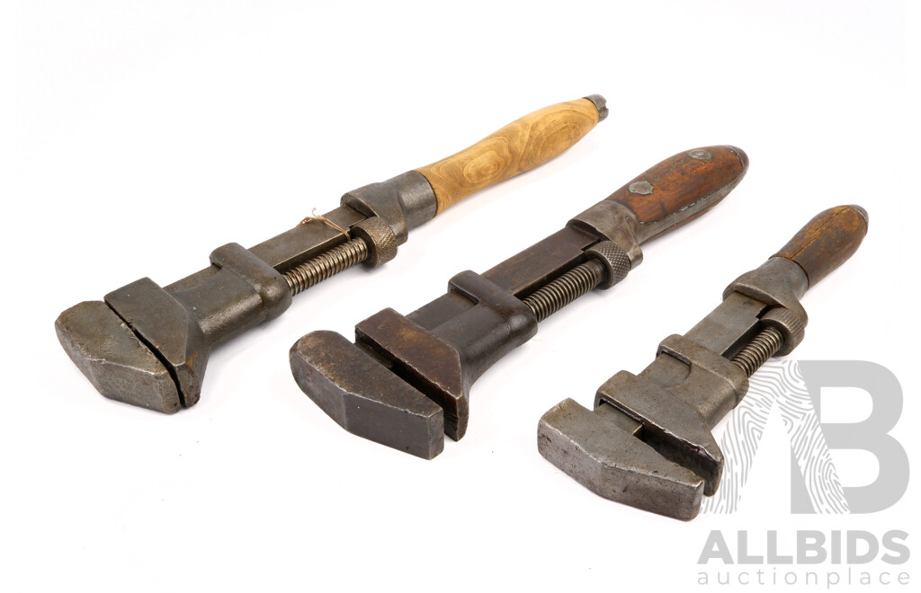 Vintage Adjustable Wrenches with Timber Handles Including Stronghold P.S & W.C.C, All Made in USA