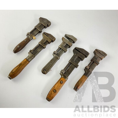 Five Adjustable Wrenches Including Timber Handled W&B, The Lamson & Sessions, Pexto, PS&W - Made in USA, McKinnon - Made in Canada