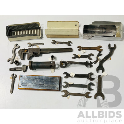Assortment of Antique and Vintage Spanners, Adjustable Wrenches, Sockets, Steel Trays Including Herbrand Defence Spanner, Vlohek, USMC