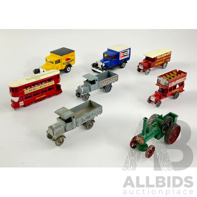 Collection of Diecast Matchbox Models of Yesteryear Trucks, Buses and Tractor Including Leyland, AEC, Ford Model 'A' and More