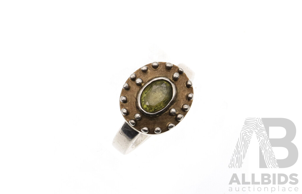 Sterling Silver Handmade Artisan Peridot Ring, Size N, 12.87 Grams