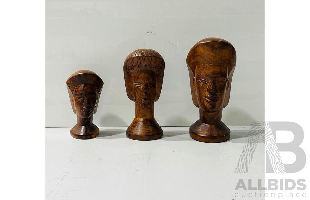 Set Three Graduating Hand Carved African Wooden Busts