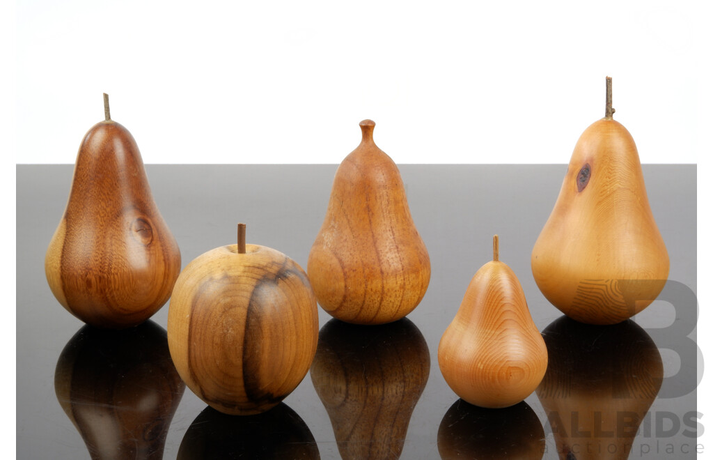 Collection Five Hand Turned Australian Native Woods Pears Including Two Huon Pine Examples and More