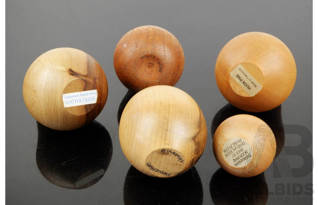 Collection Five Hand Turned Australian Native Woods Pears Including Two Huon Pine Examples and More