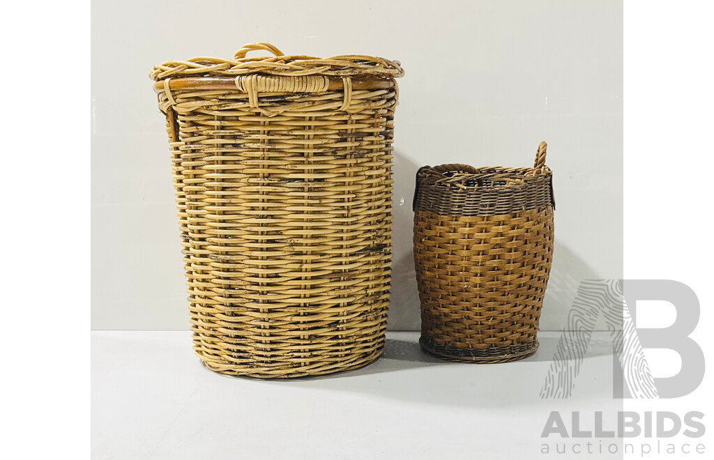 Two Woven Baskets Including One Very Large Basket with Lid and One with Rope Handle