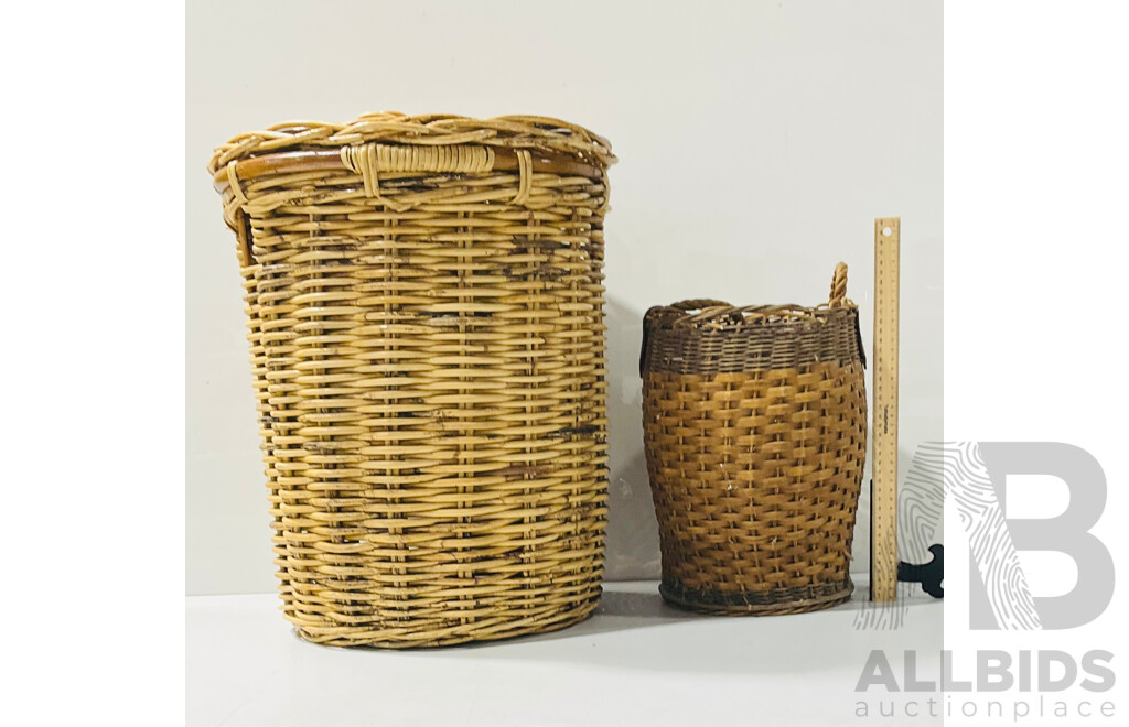 Two Woven Baskets Including One Very Large Basket with Lid and One with Rope Handle