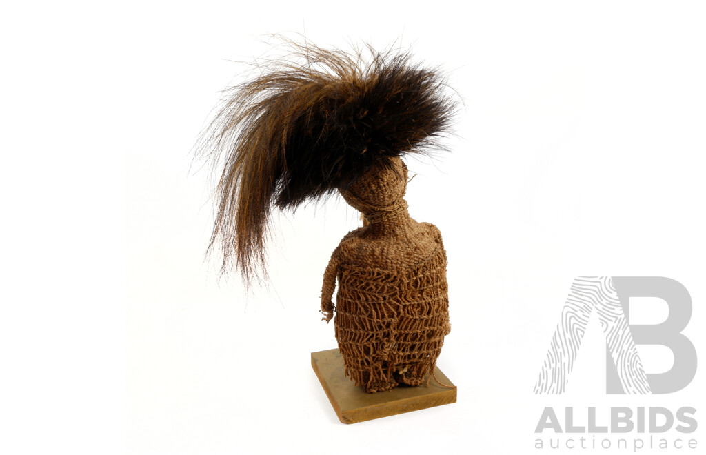 Vintage Oceanic Hand Woven Fibre Female and Baby Figure with Cassowary Feather Detail to Top on Wooden Stand