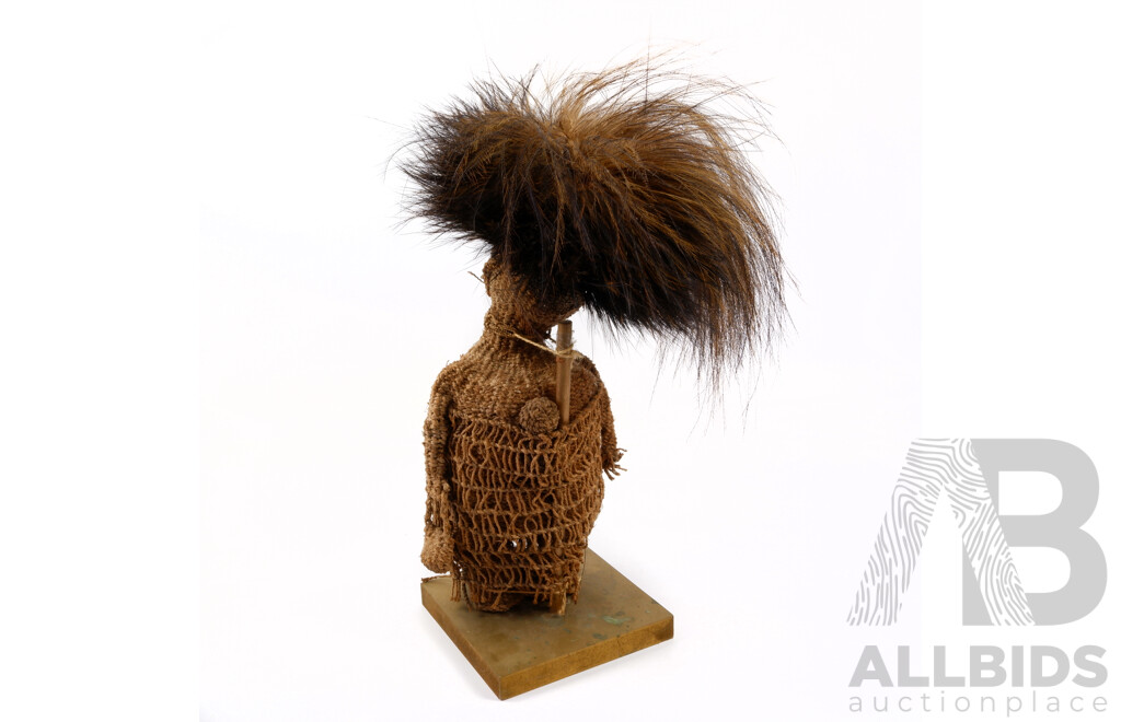 Vintage Oceanic Hand Woven Fibre Female and Baby Figure with Cassowary Feather Detail to Top on Wooden Stand