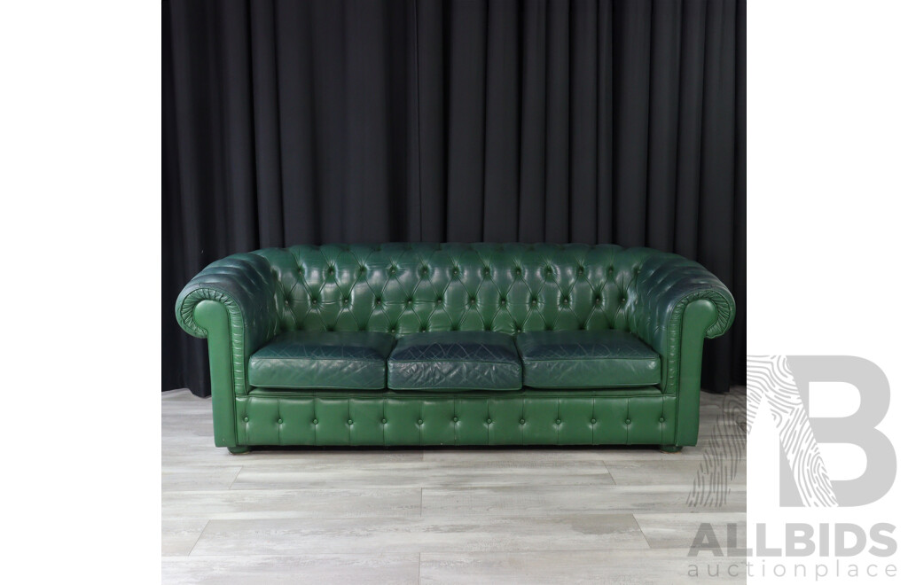 Green Leather Chesterfield Style Three Seater Lounge