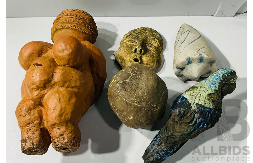 Collection of Pottery Garden Sculptures Including Venus of Willendorf Example, Painted Bird Statue and More