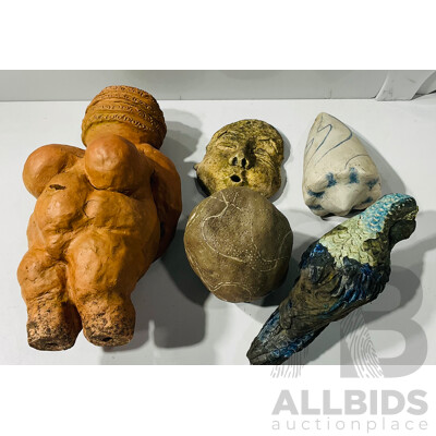 Collection of Pottery Garden Sculptures Including Venus of Willendorf Example, Painted Bird Statue and More