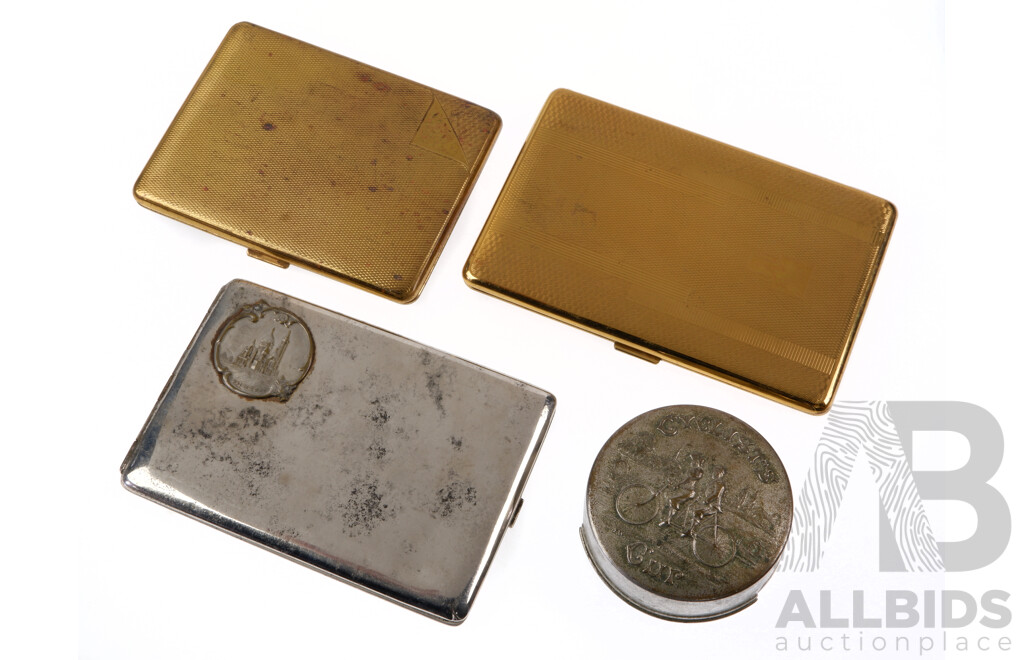 Two Emu Brand English Standphast Goldoid Cigarette Cases, Another Metal Cigarette Case & Cyclists Cup