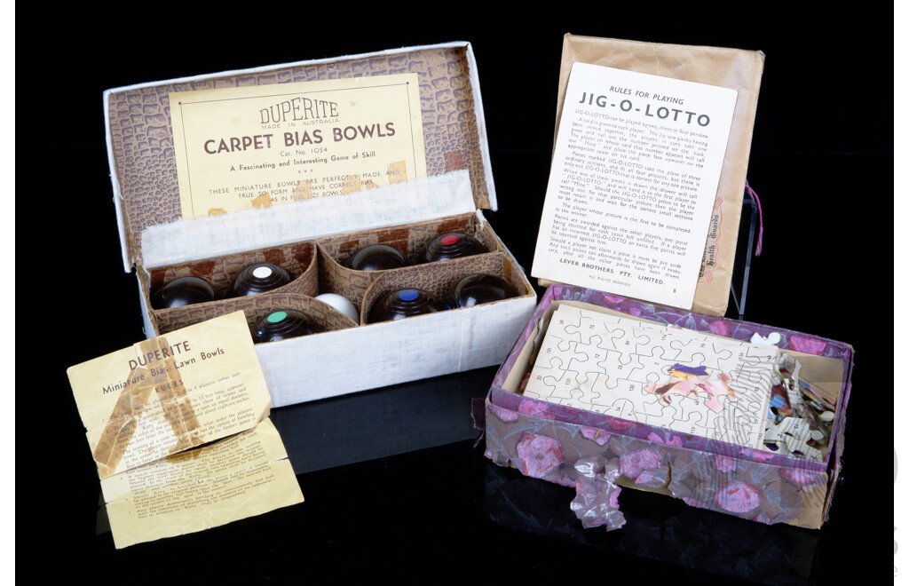 Vintage Jig O Lotto Game by Lever Brothers Along with Vintage Carpet Bowls Set in Box