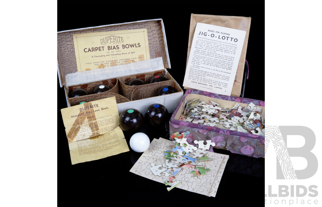 Vintage Jig O Lotto Game by Lever Brothers Along with Vintage Carpet Bowls Set in Box