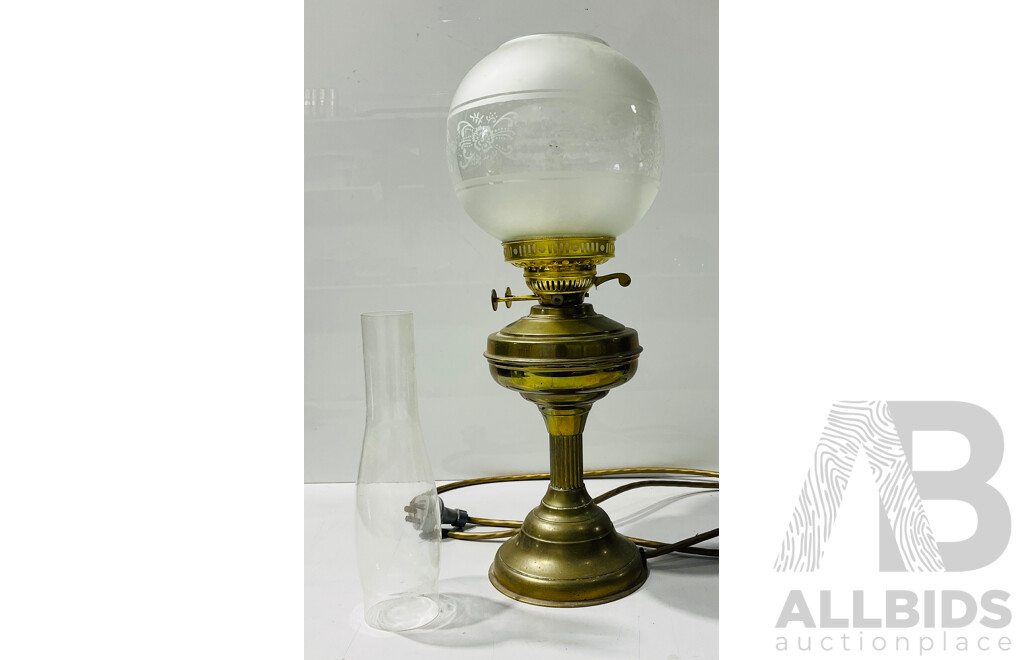 Vintage Electrical Lamp with Decorated Glass Lampshade