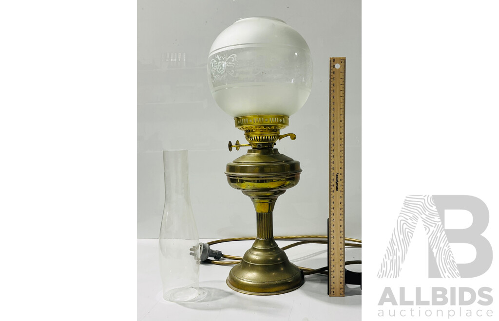 Vintage Electrical Lamp with Decorated Glass Lampshade