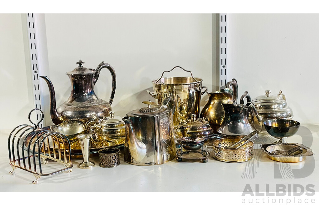 Large Collection of Silver Plate Kitchenware Including Coffee and Tea Pots, Platters and More