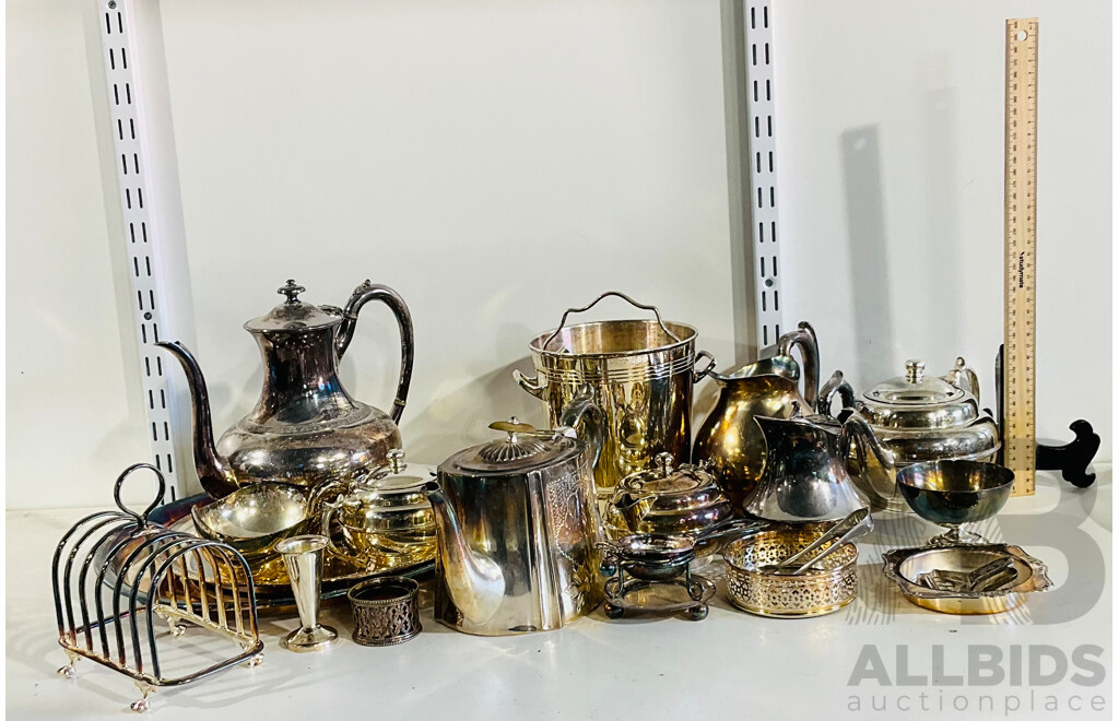 Large Collection of Silver Plate Kitchenware Including Coffee and Tea Pots, Platters and More