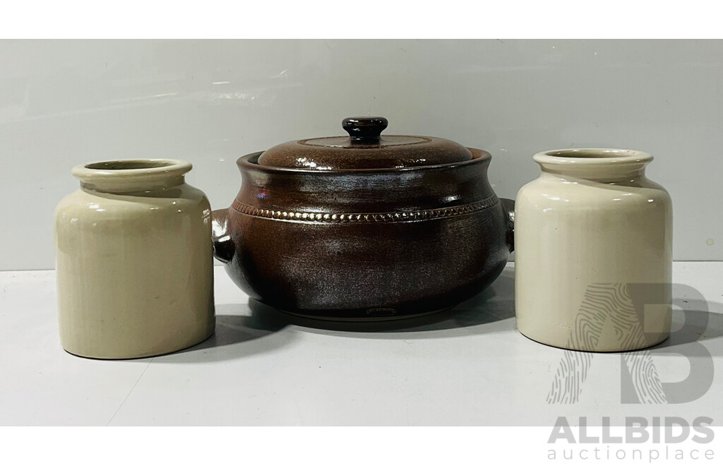 Pair of Stoneware Jars and Stoneware Pot