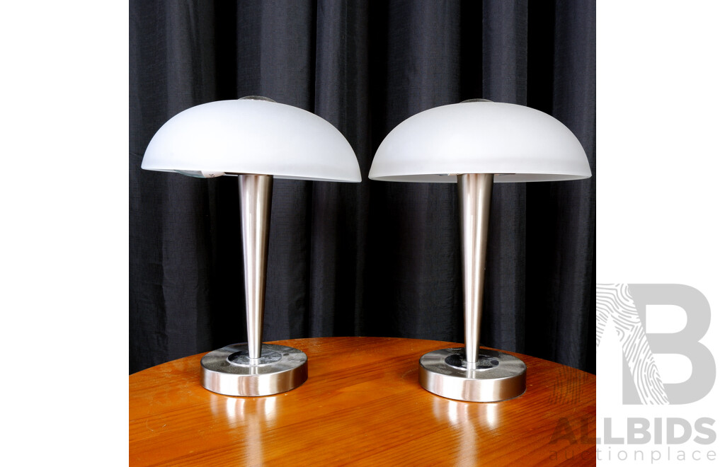 Pair of Modern Chrome Bedside Lamps with Glass Shades