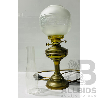 Vintage Electrical Lamp with Decorated Glass Lampshade